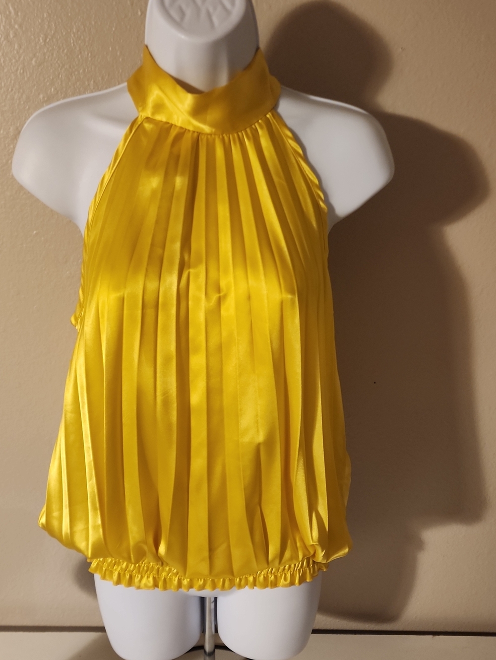 Bright Yellow Pleated Halter Neck Satin Top